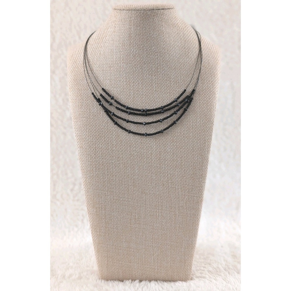 Black Multi Strand Wire Necklace Seed Beads Minimalist Layered Adjustable - Picture 2 of 3